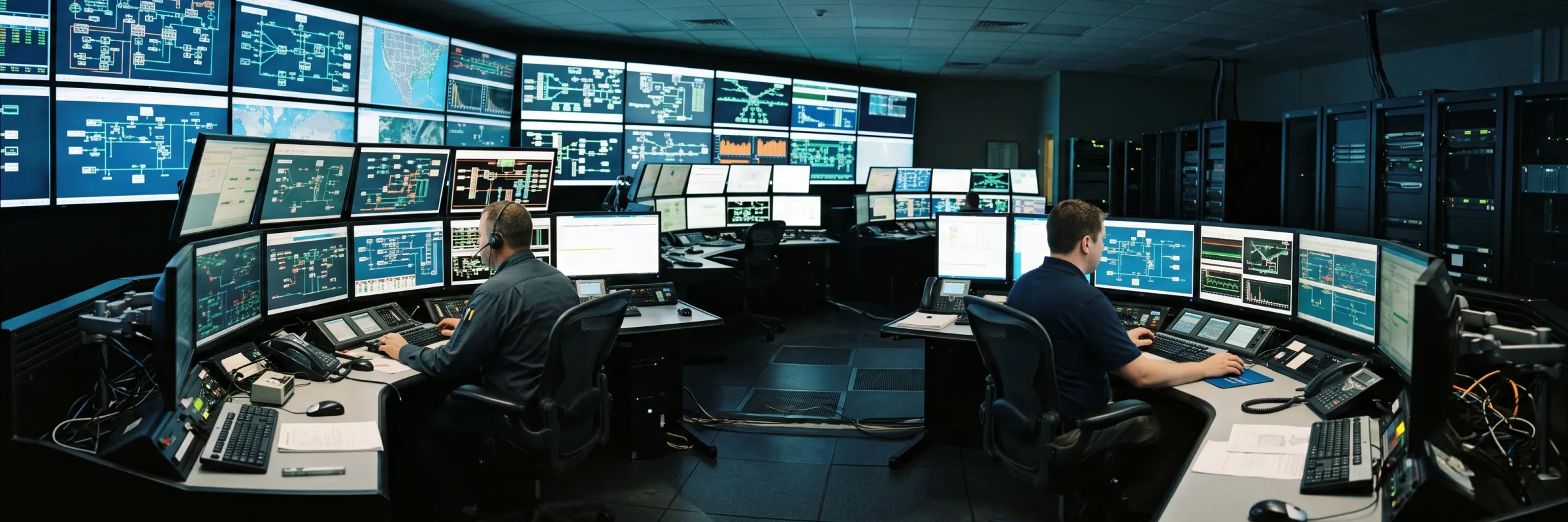 A utility control room: a video wall of network schematics and system status above two operators working at their consoles.
